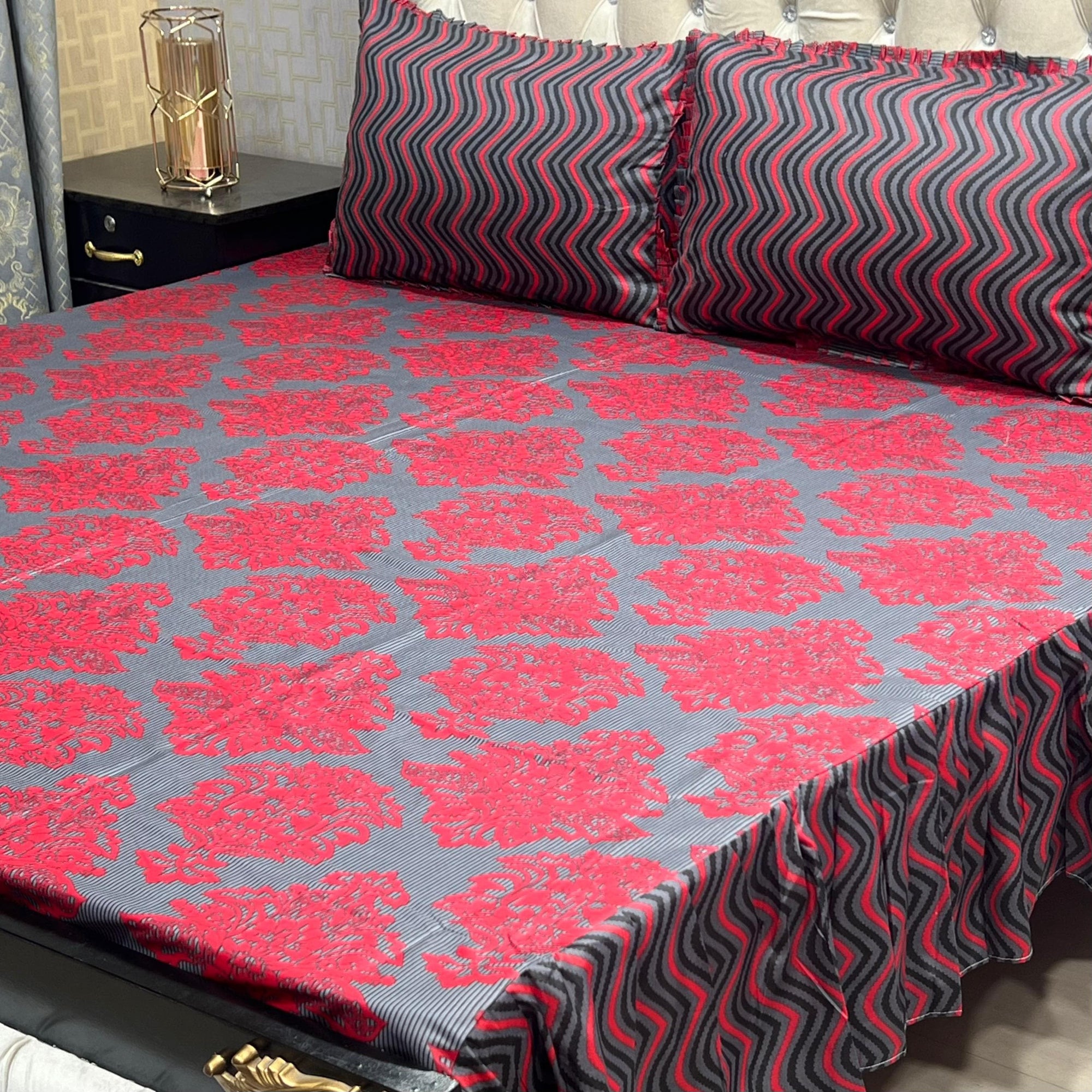 3-piece stitched, 2-sided frill bedsheet set, made from a cotton-rich or mix-cotton fabric.