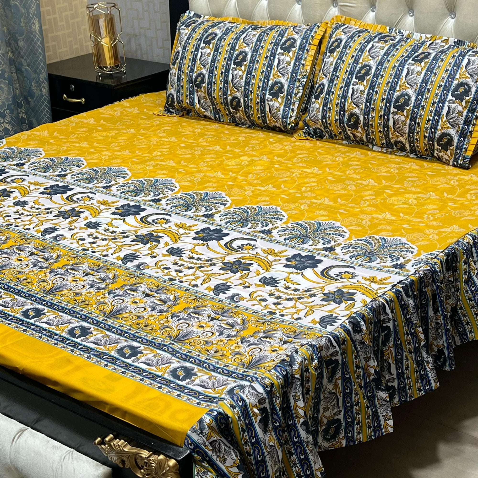 3 pc stitched 2 sided frill bedsheets. FABRIC High cotton Salonica 1 King size bedsheet Size:- 93"*95" inches pillow cases 2 sided frill Size:- 19"*29" inches