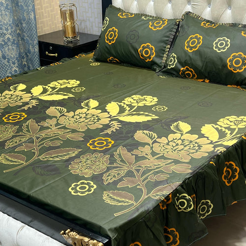 3-piece stitched, 2-sided frill bedsheet set, made from a cotton-rich or mix-cotton fabric.