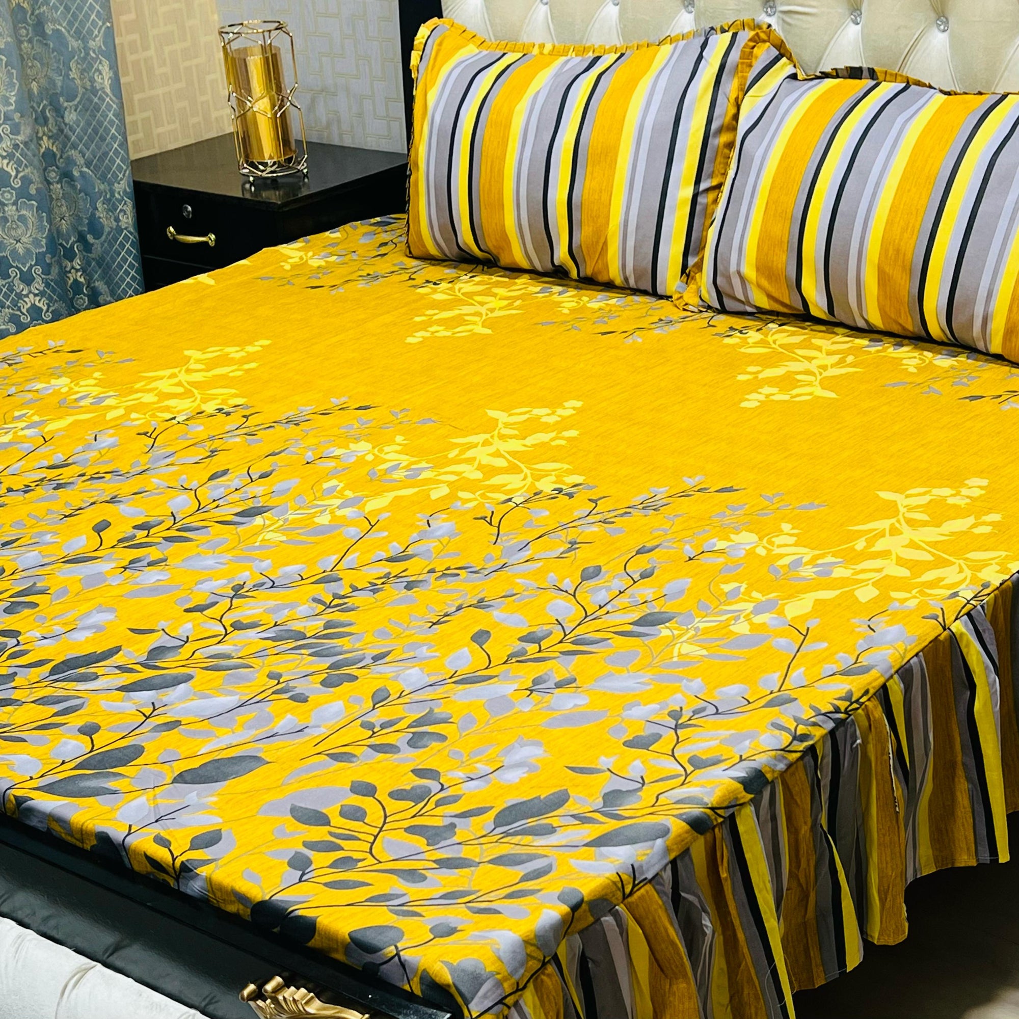 3-piece stitched, 2-sided frill bedsheet set, made from a cotton-rich or mix-cotton fabric.