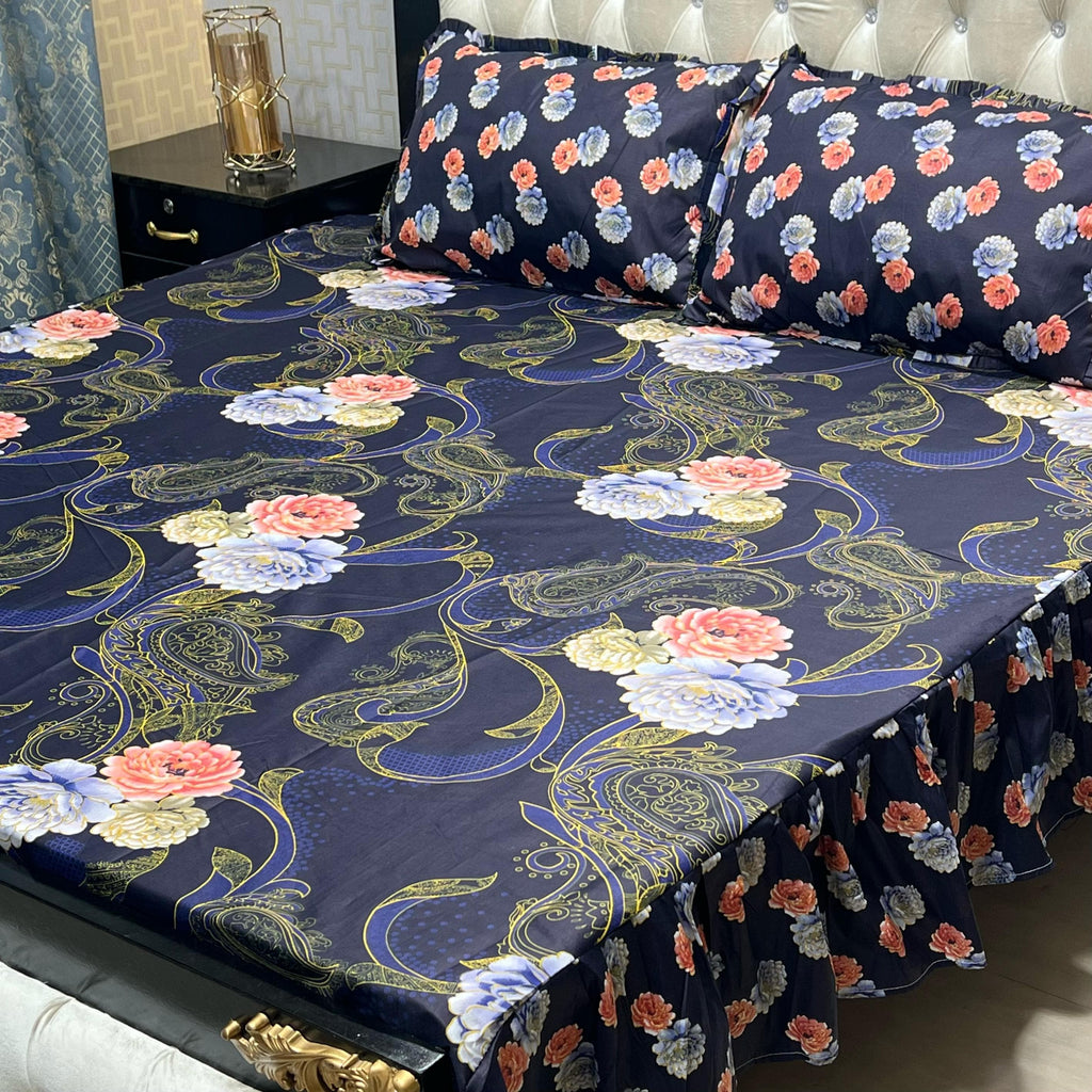 Cotton | sylonica | King Size | Bedsheet | 2 side Frill Bedsheet | Cotton Bedsheet - 3 Pcs 1 King size bedsheet Size:- 93"*95" inches 2 pillow cases 2 sided frill Size:- 19"*29" inches
