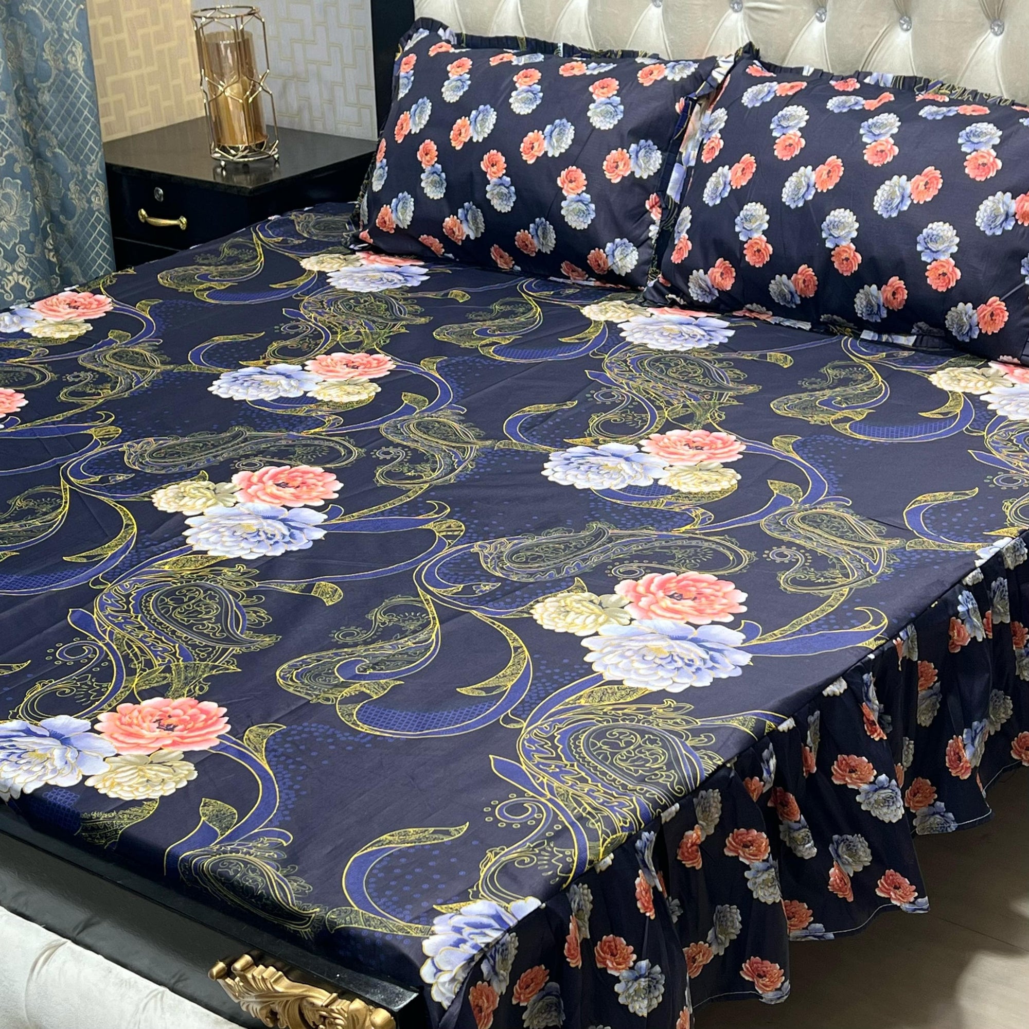 Cotton | sylonica | King Size | Bedsheet | 2 side Frill Bedsheet | Cotton Bedsheet - 3 Pcs 1 King size bedsheet Size:- 93"*95" inches 2 pillow cases 2 sided frill Size:- 19"*29" inches