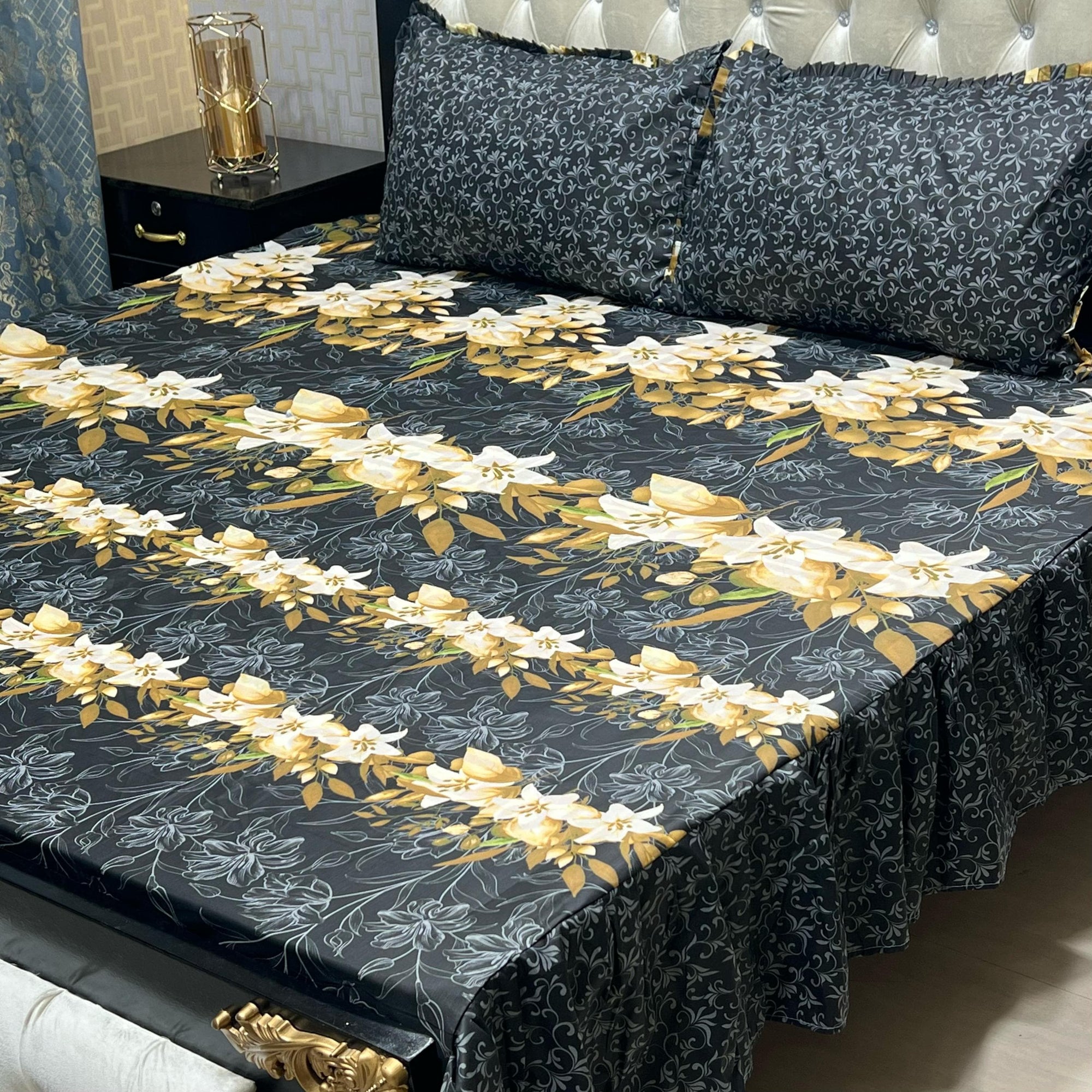 3 PCS King Size Frill Bedsheet Set – Cotton Fabric with 2-Sided Frill | Elegant & Soft Bedding Salonika Cotton Fabric